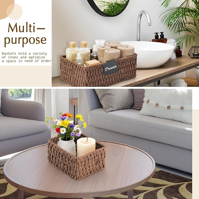 Marsui 6 Pcs Wicker Storage Baskets for Pantry Organization with Labels Handwoven Paper Rope Multi-size Brown Wicker Storage Bins for Organizing Small Baskets Container for Shelves Closet Toilet - Image 5