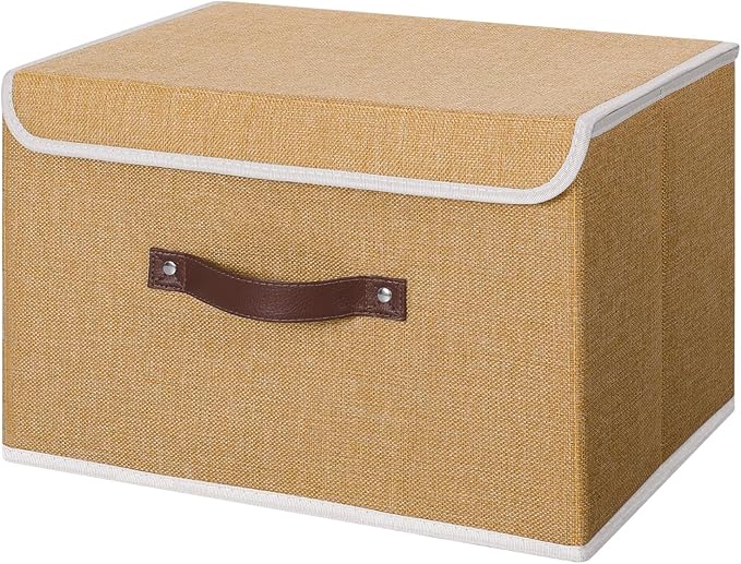 ANMINY Fabric Storage Box Bins with Lids, Khaki, 13"x9"x7.9" | Keepsake Memory Storage, Cotton Linen, PP Board Reinforced, Washable, PU Handles, Foldable & Stackable, Decorative, Medium by ANMINY