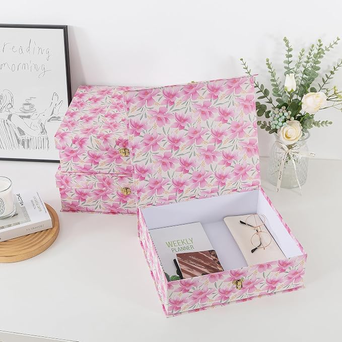 Soul & Lane - Pink Floral Boxes with Gold Hardware, Set of 3, Garden Blush | Stacking Keepsake Boxes with Lids for Home Decor and Organizing, Large Elegant Cardboard Gift and Memory Storage - Image 5