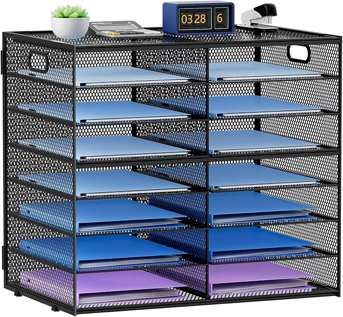 Lavatino 14 Compartments Paper Organizer for Desk, Mesh Literature Organizer, Mail File Sorter Tray with Handle, Desktop Mailbox for Office Classroom Home, Black by Lavatino