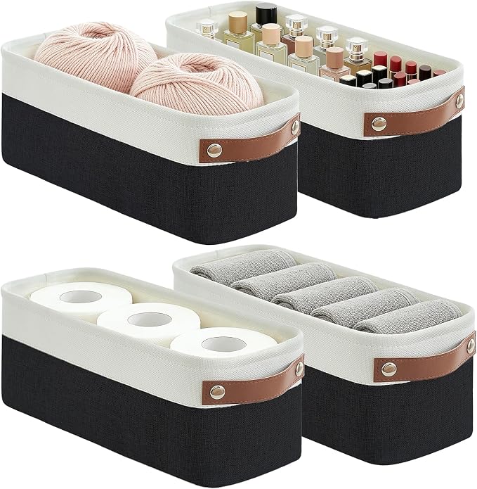 Small Fabric Storage Baskets, 15x6x5 inch Narrow Storage Bins 4-Pack Long Storage Basket for Organizing with Handles, Decorative Basket for Closets, Shelves, Toilet Paper, Black by Bagnizer
