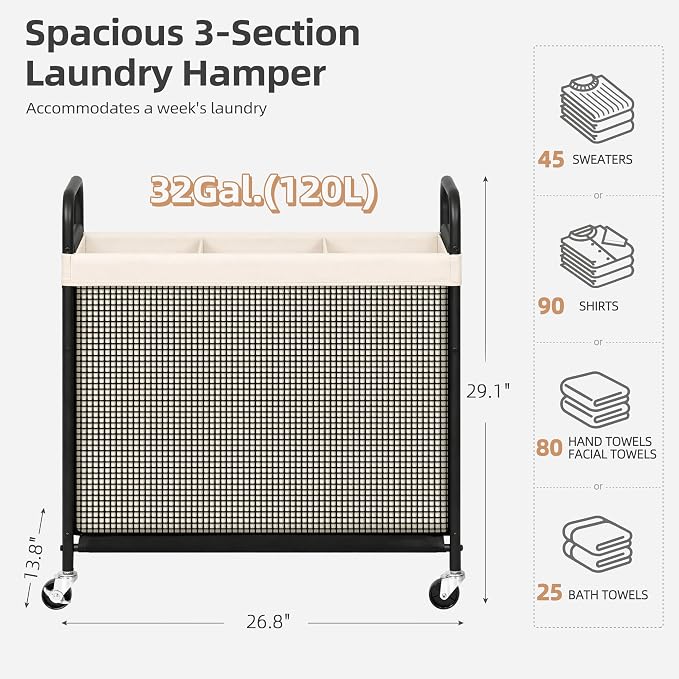STORAGE MANIAC Rolling Laundry Hamper with Wheels 3-Section Laundry Sorter Rolling Laundrys Basket on Wheels with Removable Bag Clothes Hamper Laundrys Organizer Cart Bathroom Bedroom 120L Beige - Image 3