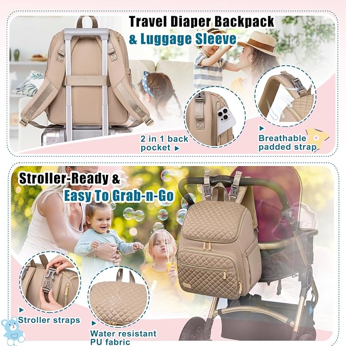 Diaper Bag Backpack Large Baby Diaper Bag with Changing Pad Travel Diaper Backpack,Baby Bag for Boys Girls,Stroller Straps,5 Insulated Pockets (Khaki) - Image 6
