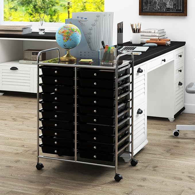 RELAX4LIFE 20 Drawer Rolling Storage Cart, Mobile Rolling Cart w/Drawers for School Classroom Teacher Office Home Salon, Paper File Art Supply Craft Organizer, Utility Cart on Wheels (Black) - Image 8