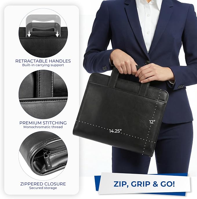 Samsill Professional Padfolio/Portfolio with Zippered Closure Case, 2 Inch Removable Round Ring Binder, Retractable Handles, Interior 10.1” Tablet Sleeve, Black - Image 5