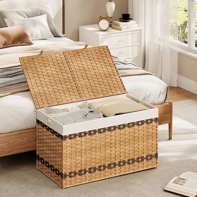 HOOBRO Storage Basket with Lid, 42.3 Gallon (160L) Wicker Storage Basket with 2 Separate Lid, Blanket Storage Bin with 2 Removable Liner Bags, for Bedroom, Laundry, Natural and Brown NL276CW01 - Image 4
