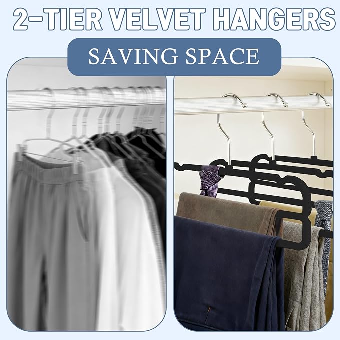 VSV stoage Velvet Pants Hangers with Double Non Slip Bar - Multiple Velvet Hangers for Closet - Thin Space Saving Clothes Hanger - 360° Swivel Felt Trouser Hanger Perchas Terciopelo 10 Pack (Black) - Image 5