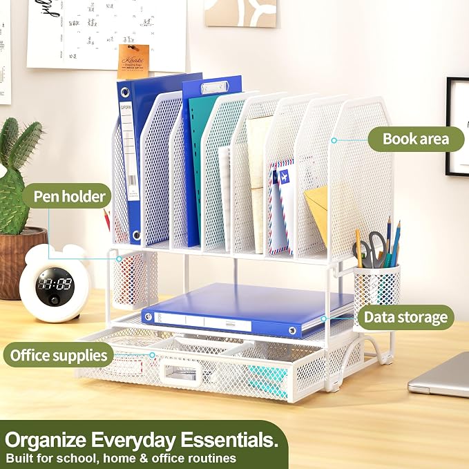 FANXIYQ Metal Desk Organizer with Sliding Drawer, 7-Section File Organizer for Desk, Desktop File Folder & Paper Organizer with 2 Hanging Pen Holders, Office Supplies Organizer, White - Image 2