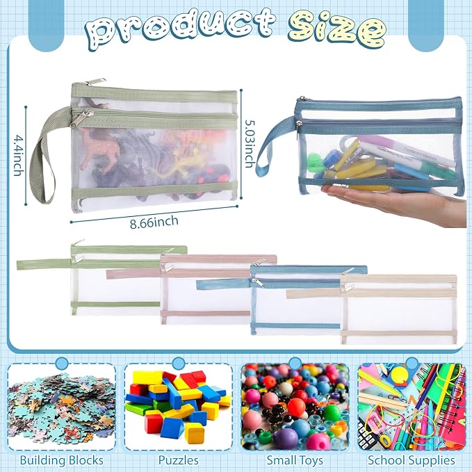 MotiMind 24 Pack Double Layer Mesh Zipper Pouch Bag A6 Toy Storage Bag | Mesh Bags with Zipper & Handle, Toy Organizer for Building Blocks, Puzzles, Board Games, School Office Organization & Storage - Image 3