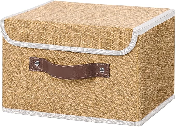 ANMINY Fabric Storage Box Bins with Lids, Khaki, 10"x8"x7" | Keepsake Memory Storage, Cotton Linen, PP Board Reinforced, Washable, PU Handles, Foldable & Stackable, Decorative, Small by ANMINY