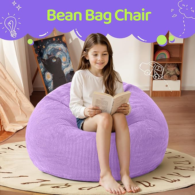2FT Bean Bag Chair: 2' Small Bean Bags with Memory Foam Filled | Beanbag Chairs with Handle,Teardrop Bean Bag Sofa with Corduroy Machine Washable Cover for Living Room,Bedroom-Purple - Image 3