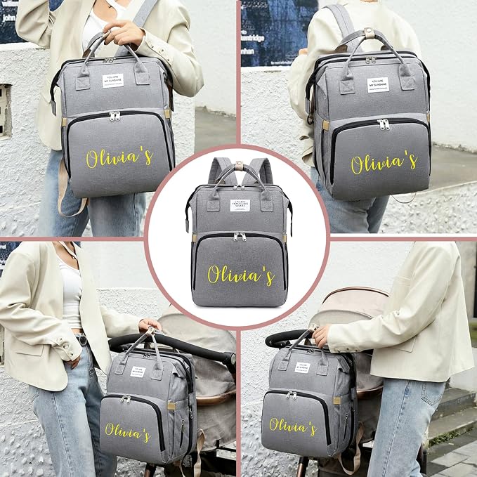 Personalized 3 in 1 Diaper Bag Backpack with Changing Station Multifunction Large Baby Diaper Bags for Boys & Girls Portable, Custom Lightweight Changing Bag Newborn Baby Essential Gifts (Grey) - Image 8