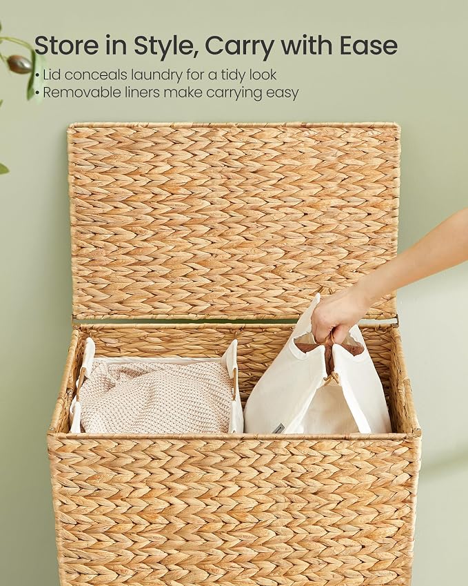 SONGMICS Laundry Hamper 2 Sections, 34.3 Gal. (130 L) Handwoven Water Hyacinth Wicker Laundry Basket with Lid, Natural Material, Removable Machine Washable Liners, Handles, Natural ULCB202Y01 - Image 4
