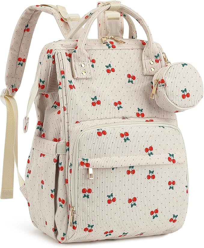 Corduroy Diaper Bag Backpack, Large Capacity Multifunction Baby Diaper Bags for Women, Insulated Bottle Pockets & Pacifier Case, Stylish Travel Nappy Changing Bags for Mom Dad (Cherry) by Unknown