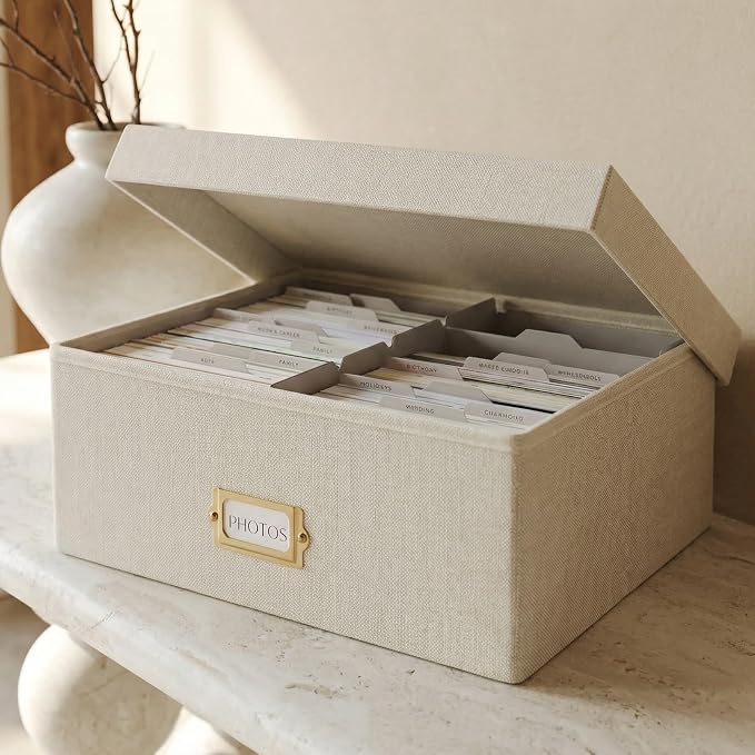 Decorative Photo Storage Box - Sturdy Linen Organizer Holds 1700 Photos | Organizer with Dividers Stores Up to 1700 4x6 Pictures - Portable Scrapbook Storage Containers with Lid by ZICOTO