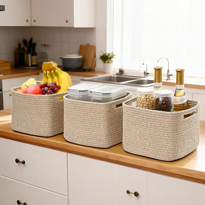 3 Pack Cube Storage Bin, 9”x9”x7” Cotton Rope Woven Baskets for Organizing Toys Clothes Towels, Square Gift Storage Baskets for Shelves, Nursery, Closet, Bathroom, Pantry (Jute) - Image 5