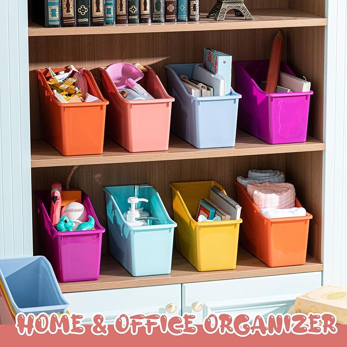 Geetery 50 Pcs Book Bin for Classroom with Labels Stackable Plastic Organizing Bins 11.5 x 5.4 x 7.5 in Book Holders Storage Bins Box Baskets for Classroom Library Home (Wildflower Color) - Image 4