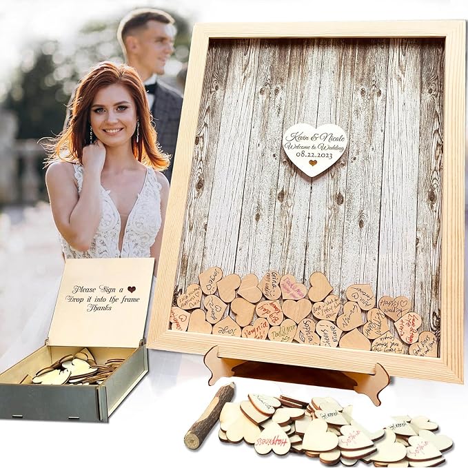 Wedding Guest Book Alternative Pen Sign Drop Top Wooden Frame for Baby Shower Birthday Party Decoration 120 Hearts by Neamon