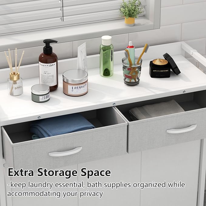Laundry Hamper Laundry Basket with 3 Section Pull-Out Rolling Bags, Laundry Sorter for Organization and Storage with 2 Pull-Out Drawers for Laundry Room (White, 32.68'' x 31.81'' x 12.6'') - Image 6