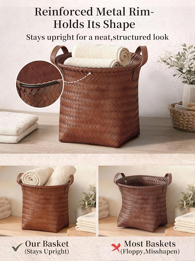Wicker Storage Baskets, 4 Pack Woven Baskets for Shelves, Brown | PP Rattan, Water-resistant Wicker Basket, Large Baskets with Faux Leather Handles for Blanket, Laundry Organizer, Room Decor - Image 5