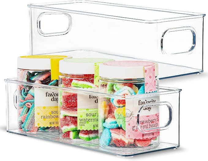 Plastic Food Storage Clear Container 2 Pack Bin with Handles for Organizing Kitchen, Pantry, Refrigerator, Freezer, Pantry, Cabinet, Closet, Bathroom. Stackable 10”x4”x3” by primebox