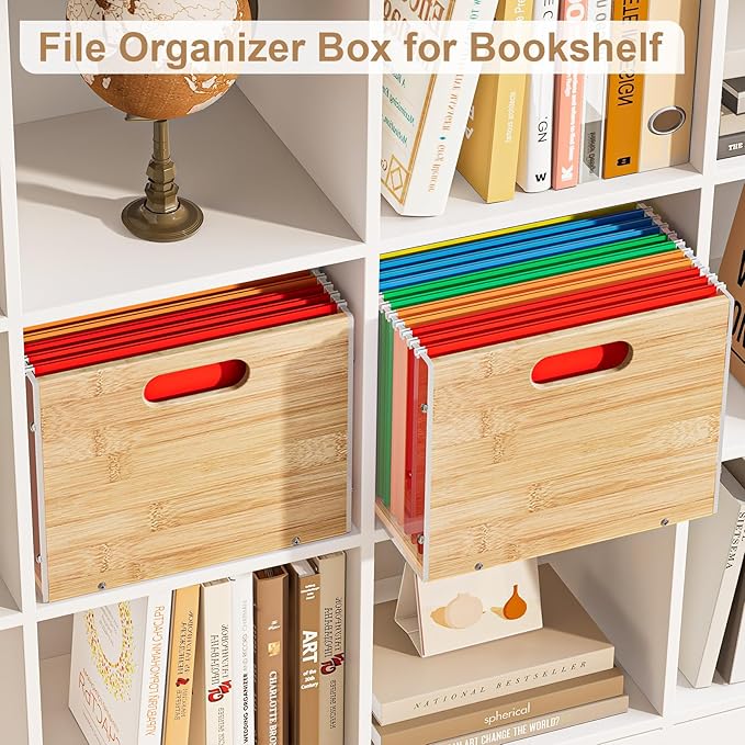 Sbanmao 2 Pack Hanging File Organizer, Clear Acrylic File Box Organizer, Bamboo Filing Box File Crate Storage Boxes, Portable Filing Organizer with Handle for Letter Size - Image 5