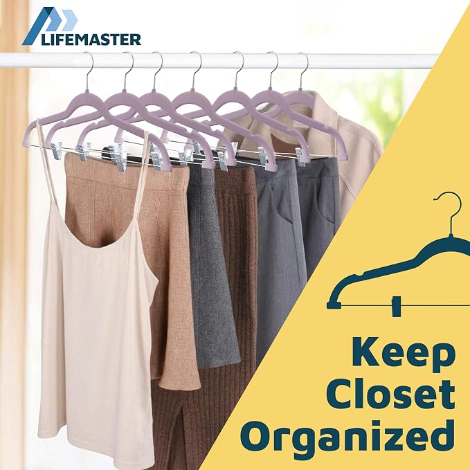 Lifemaster Velvet Skirt Hangers – with Adjustable Clips, 360 Degree Swivel Hook, and Non-Slip Shoulder Notch, Holds Up to 10 lbs, for Organizing Skirt, Pants, Dress, and Clothes, Pack of 10, Purple - Image 5