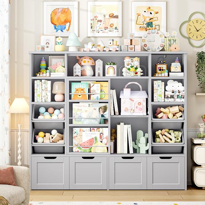 Toy Storage with Sliding Bookshelf, Toy Organizer with 4 Bins | 55.1’’ W Large Toy Storage Organizer Kids Bookshelf with 4 Movable Drawers, Toy Bins Playroom Storage for Kid Room, Grey - Image 5