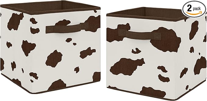 Sweet Jojo Designs Brown and Cream Cow Print Foldable Fabric Storage Cube Bins Boxes Organizer Toys Kids Baby Childrens for Wild West Collection Set of 2 by SweetJojoDesigns