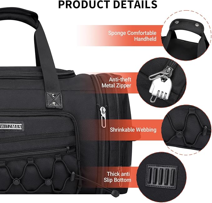 WITZMAN Mens Duffle Bag Expandable 50L Travel Gym with Shoe Compartment | Nylon, Large, With Dry-wet Pocket, Fits 16" Laptop, Carry-on Bag, For Sports Weekender Overnight, B695 Black - Image 7