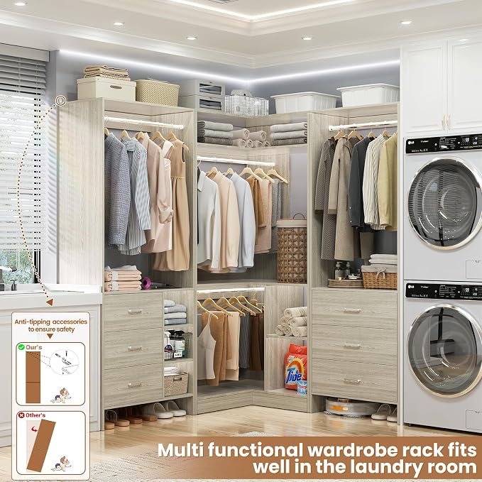 Aheaplus Closet System with 6 Drawers, 4 Hanging Rods & Corner Tower, Corner Closet System with Hanging, 86.8" L-Shaped Walk-In Wardrobe Organizer, 2000+ lbs Capacity, Set of 3, White Oak - Image 5