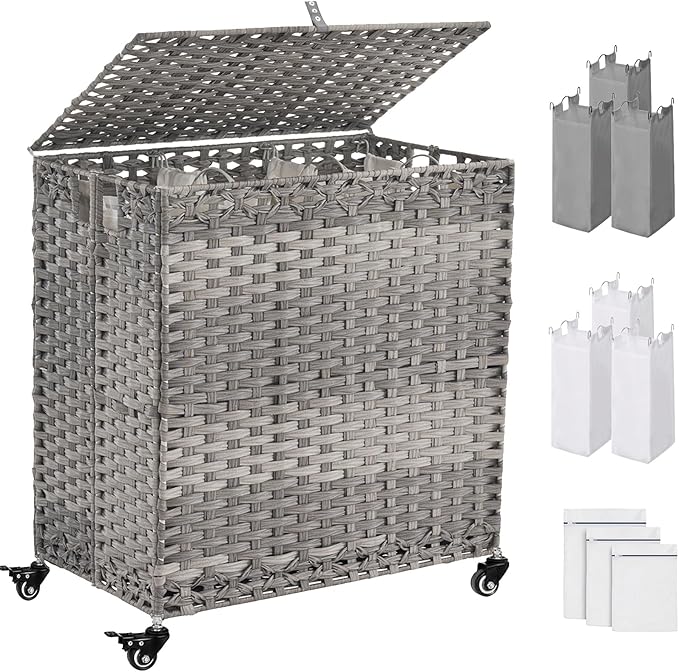 Laundry Hamper with Wheels&Lid, 50.2 Gallons(190L) Rolling Laundry Basket with Wheels, 3-Section Laundry Hamper, Handwoven Rattan Clothes Hamper with 6 Removable Liner& 3 Mesh Laundry Bags, Grey by Hiagnete