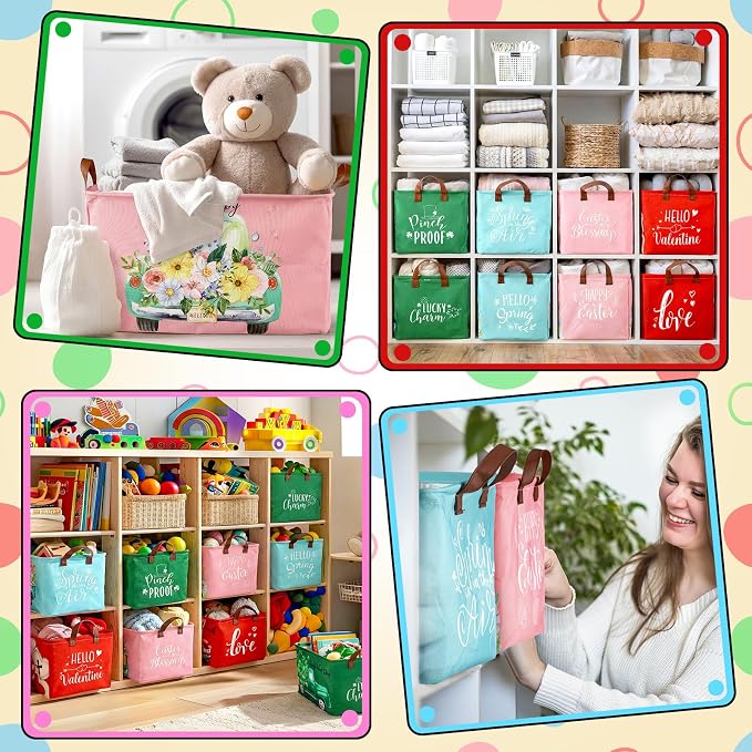 CHENGU 8 Pack Large Easter Gifts Baskets Empty Collapsible Holiday Storage Bin St Patricks Day Valentines Canvas Laundry Basket Foldable Box with Handle for Home Office Bedroom Clothes Toys - Image 5