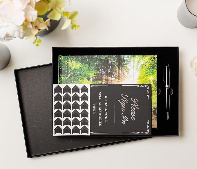 Forest Hardcover Funeral Guest Book - 9.5 x 7 Celebration of Life Guestbook for Memorial Service with 5x7 Paper Sign, Pen, Black Photo Corner Stickers - Image 7