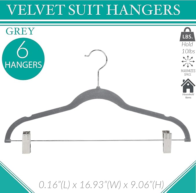 Simplify Velvet hangers - Plastic Hangers with Zink Hooks - Hangers for Pants, Shirts, Clothes - Grey - Pack of 6 - 0.16" x 16.93" x 9.06" - Image 2