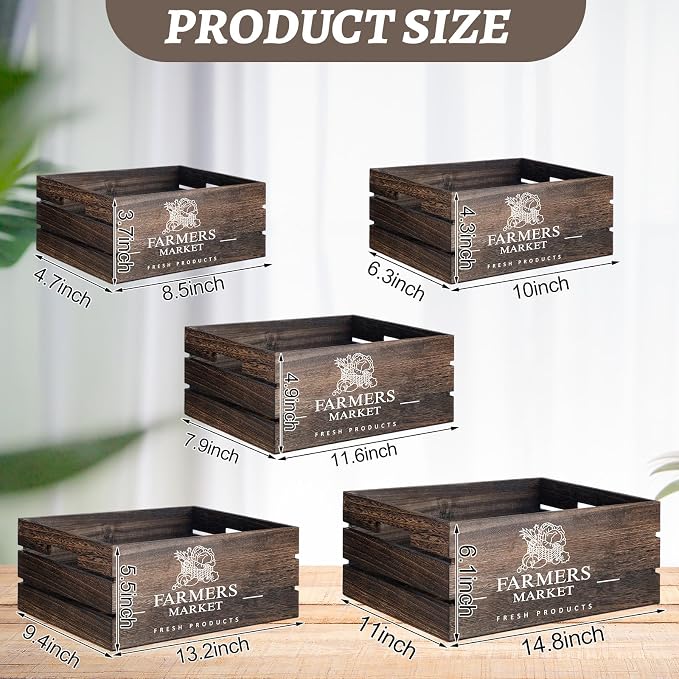Barydat Set of 5 Wood Crates for Display Decorative Nesting Wooden Crate Storage with Handles Vintage Farmhouse Style Decorative Boxes Multipurpose Fruits Vegetables Boxes(Dusty Brown,Elegant) - Image 2