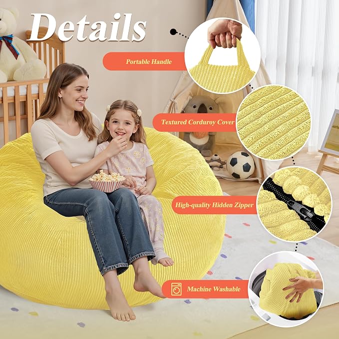 5FT Bean Bag Chair for Adults,Gaint Teardrop Beanbag with Filler | Beanbag Chair with Memory Foam Filled,Bean Bags with Handy Handle&Machine Washable Cover for Living Room,Bedroom-Yellow - Image 5
