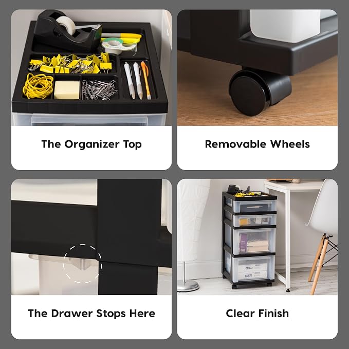 IRIS USA 4-Drawer Rolling Storage Cart, Black/Clear | Keep classroom supplies, teacher essentials, craft materials, and learning tools organized with easy-access drawers. - Image 7