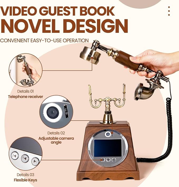 Video Audio Guest Book Wedding Phone,1080P HD Video Phone Guestbook, Preserve Your Special Occasions, Ideal for Wedding Bridal Shower, Birthday, Graduations, Baby Shower(Retro Brown) - Image 3