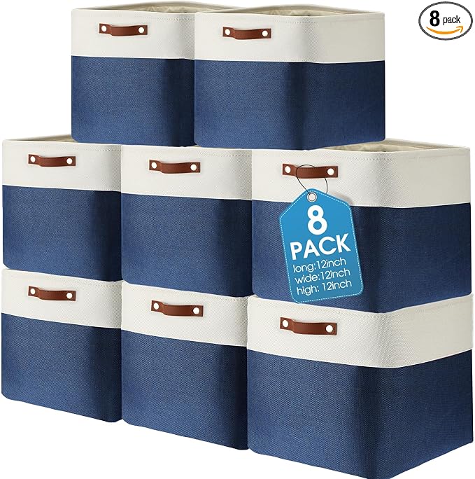 Uiifan 8 Pack 12 x 12 x 12 Inch Large Storage Baskets Collapsible Fabric Storage Cubes Bins with Handles for Shelves Closets Nursery Home Clothes Toys Organizers, Blue by Uiifan