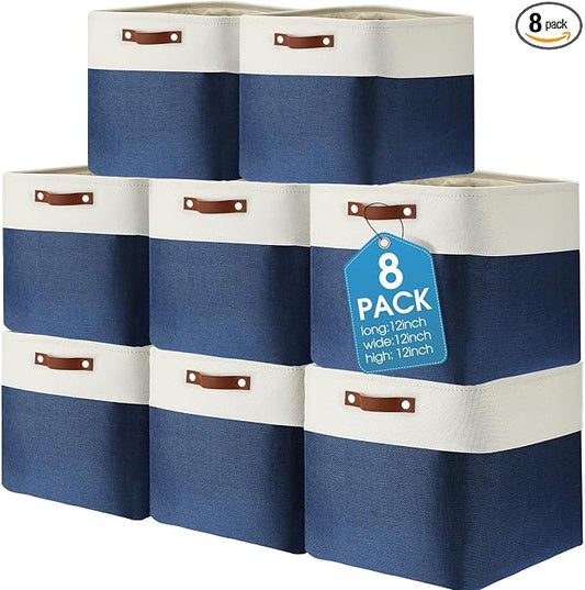 Uiifan 8 Pack 12 x 12 x 12 Inch Large Storage Baskets Collapsible Fabric Storage Cubes Bins with Handles for Shelves Closets Nursery Home Clothes Toys Organizers, Blue by Uiifan