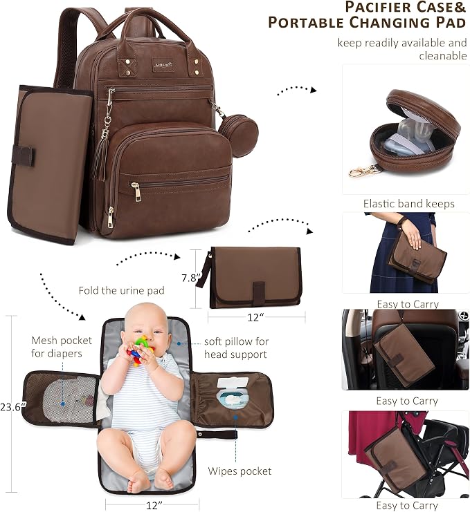 ROSEGIN Premium Vegan Leather Diaper Bag Backpack with Waterproof Changing Pad, Reinforced Zippers & Odor-Free,20 Pockets Pro Organizer, Fits 15.6" Laptop, Stroller Straps, Baby Bag for Mom,Dark Brown - Image 3