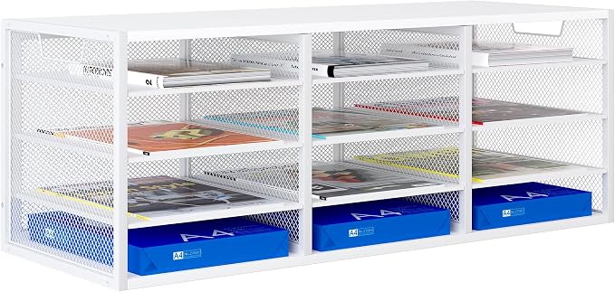 Mail Sorter Adjustable Countertop Mail Holder, Heavy Duty Literature Organizer, Student Mailbox for Classroom, Desktop Bill Paper Organizer for Office Home School, 12 Compartments, White by PAG-Mass