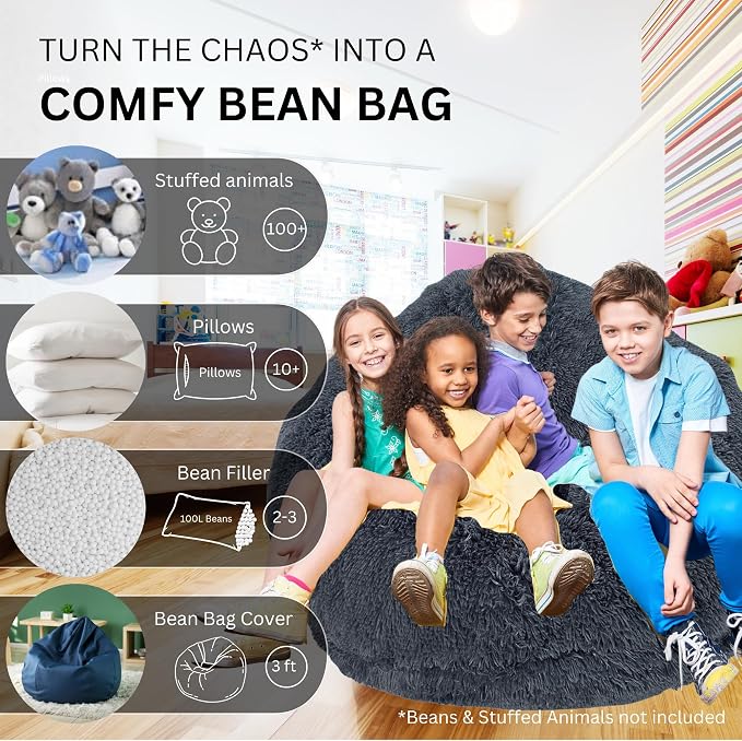 Bean Bag Stuffed Animal Storage Chair Cover (No Filler) for Kids and Adults. Extra Large Bird's Nest Beanbag Memory Foam Soft Premium (Castlerock Grey, 3 ft (Cover Only)) - Image 3