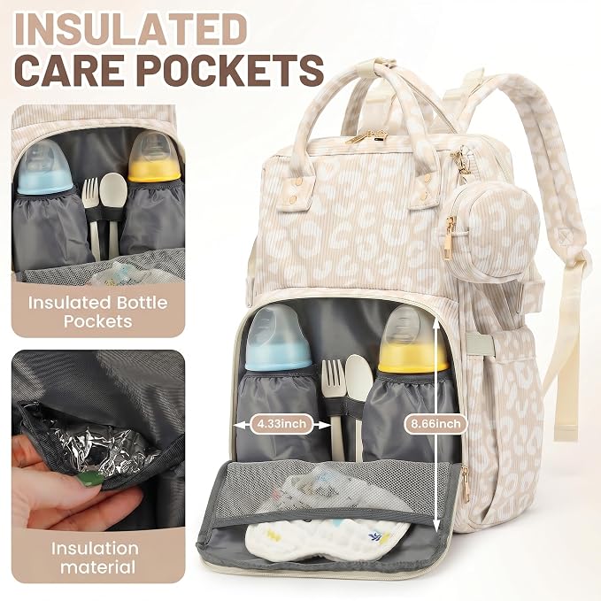 Baby Diaper Bag Backpacks for Mom Dad, Corduroy Large Capacity Multifunction Nappy Bag with Pacifier Case, Baby Travel Essentials Diaper Backpack for Boys Girls - Leopard Khaki - Image 5