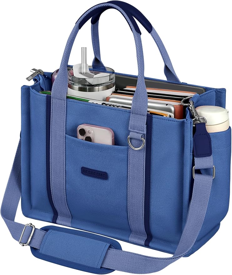 BESBESME Women’s Canvas Tote Bag with Zipper and Compartments – Multi-Pocket Laptop Work Crossbody Shoulder Tote Purse by BESBESME