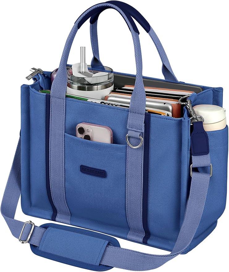 BESBESME Women’s Canvas Tote Bag with Zipper and Compartments – Multi-Pocket Laptop Work Crossbody Shoulder Tote Purse by BESBESME