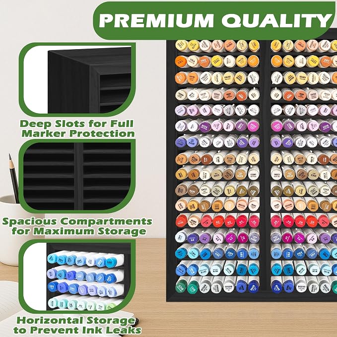 PROLEE Marker Organizer for 224 Markers, Wooden Alcohol Marker Holder with 32 Compartments, Horizontal Art Pen and Pencil Storage Rack for Desk, Classroom and Studio, Black - Image 4