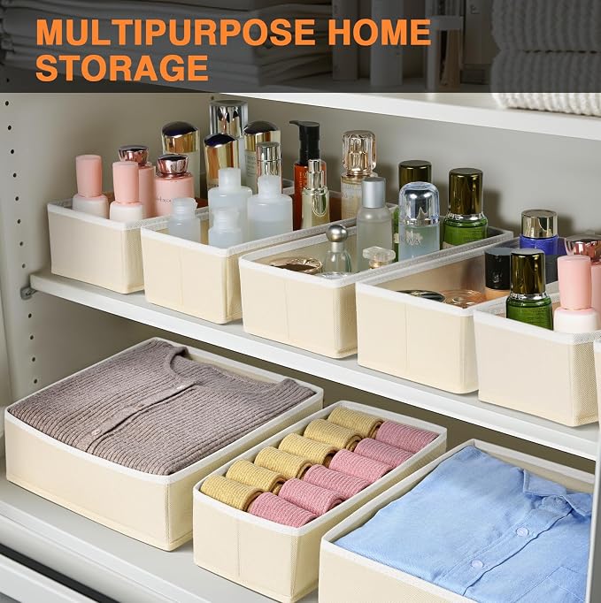 DIMJ Drawer Organiser System Drawer Organiser - Pack of 12 Storage Box Fabric Foldable Underwear Wardrobe Organiser for Clothes, Socks, Ties, Beige - Image 2