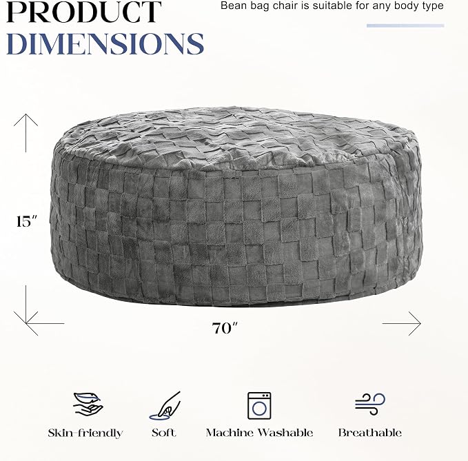 Hobestluk Giant Bean Bag Chairs 6FT Oversized BeanBag Chair for Adult Jumbo | Memory Foam,Washable Cover,Unique Fluffy Plaid,Comfy Bean Bag Bed with Filler Gaming Reading Bedroom Living Room | Grey 6FT - Image 2